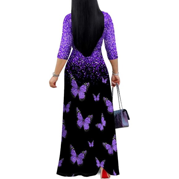 Plus Size Maxi Dress Women Flowy Polyester With Belt V Neck Elegant - Picture 3 of 7